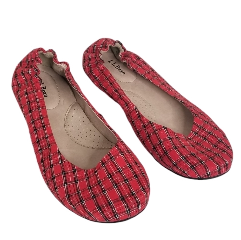 L.L. Bean Slip On Red Plaid Ballet Flats Size 10M Round Toe Holiday